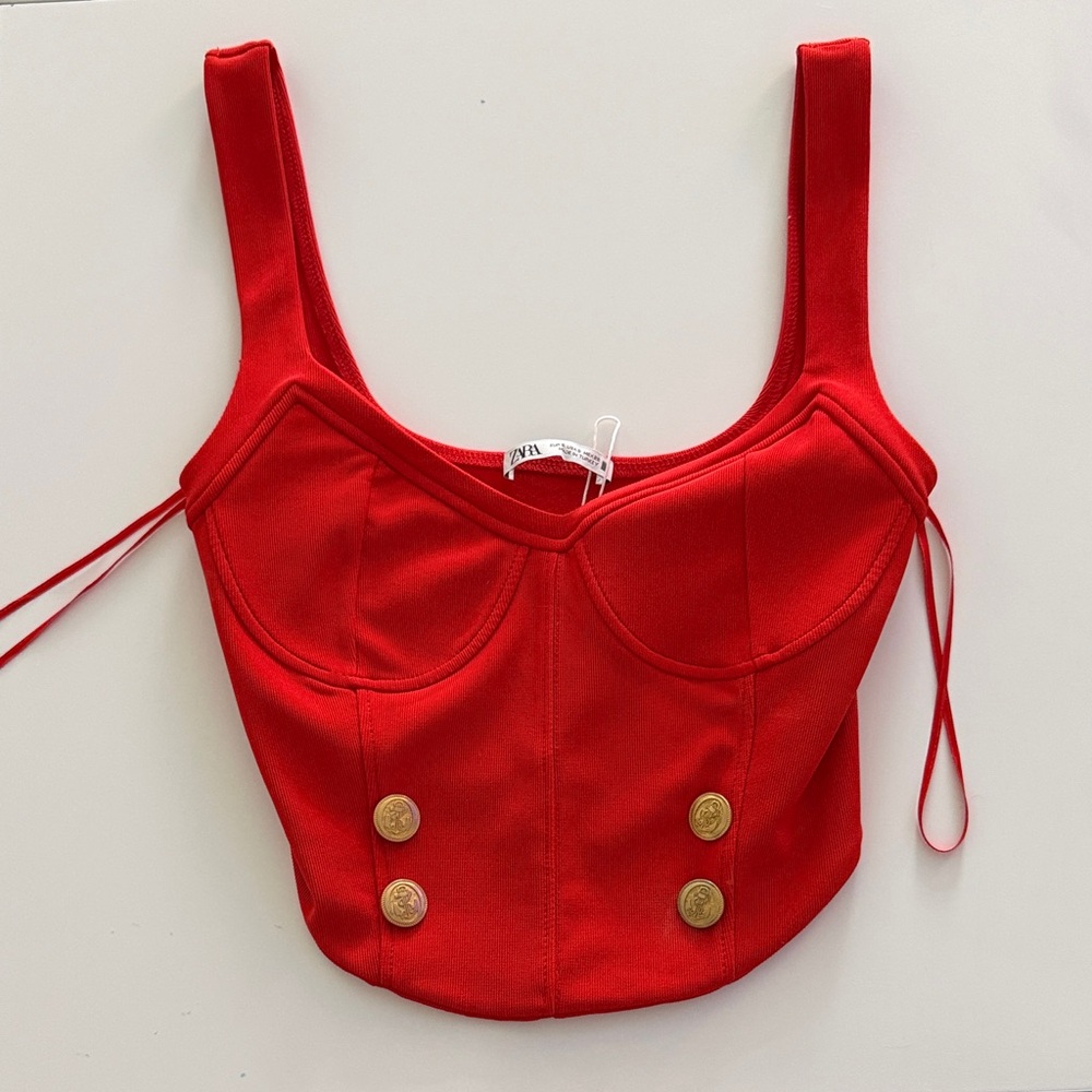 Zara Red nautical Crop Top with Gold Buttons size small NWT